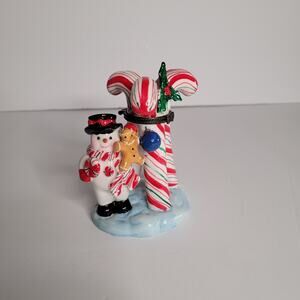 Festive Snowman with Candy Canes Ceramic Figurine